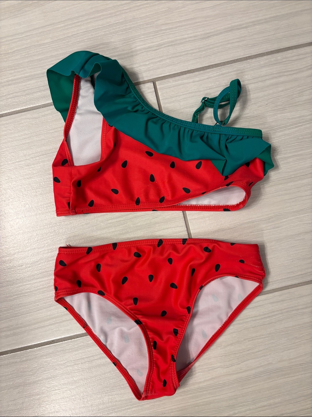 SHEIN Girls Red and Green Watermelon-Print Two-Piece Swim Set 6-7